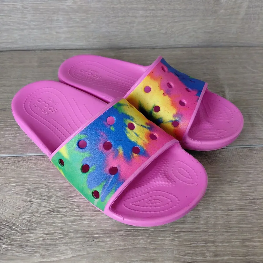 Crocs Classic Slides Sandals Pink Tie Dye W9 M7 Rainbow Beach Resort Vacation